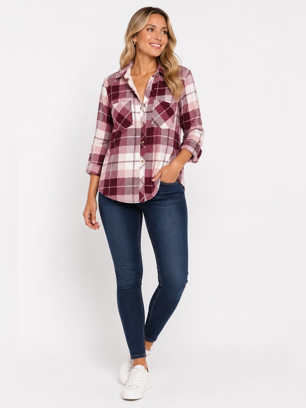 LOVE POTION Plaid Teddy-Lined Button Front Jacket in Burgundy Pink